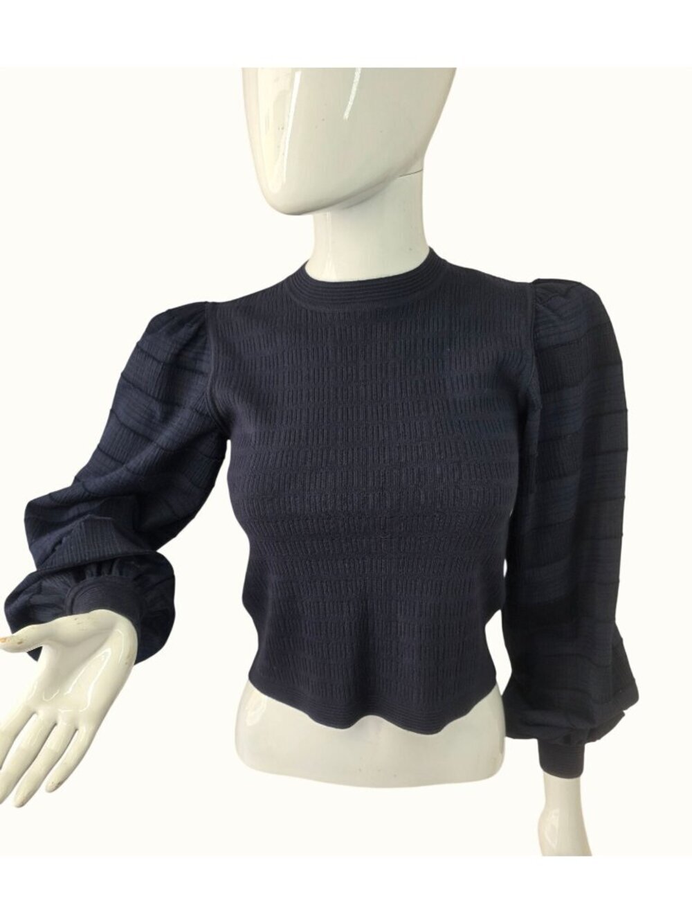 Club Monaco XS Navy Ribbed Knit Top Puff Sleeve Stretch Cropped Sweater